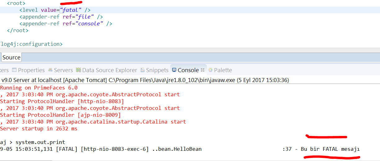 Log Seviyesi : FATAL durumunda konsol çıktısı